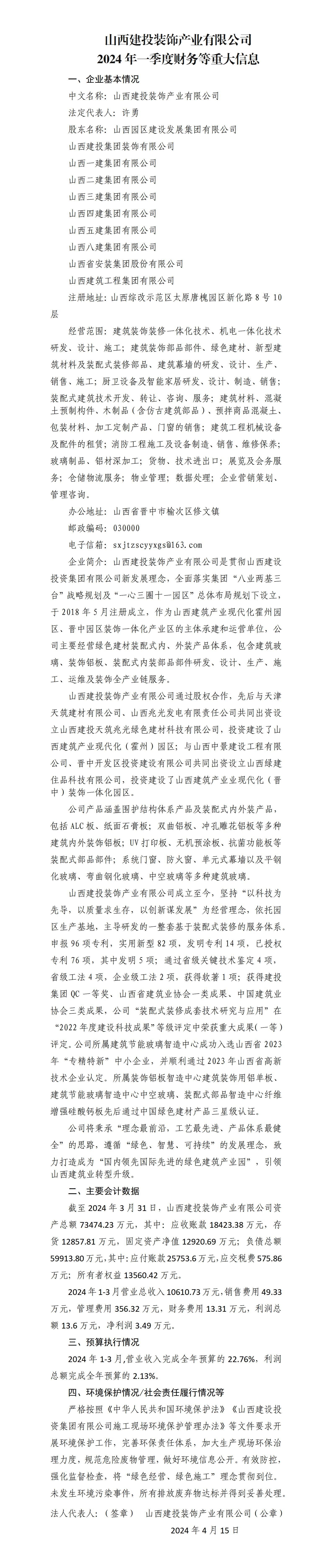 ɽ����Ͷװ�ι�ҵ���޹�˾2024��һ���Ȳ�����ش���Ϣ