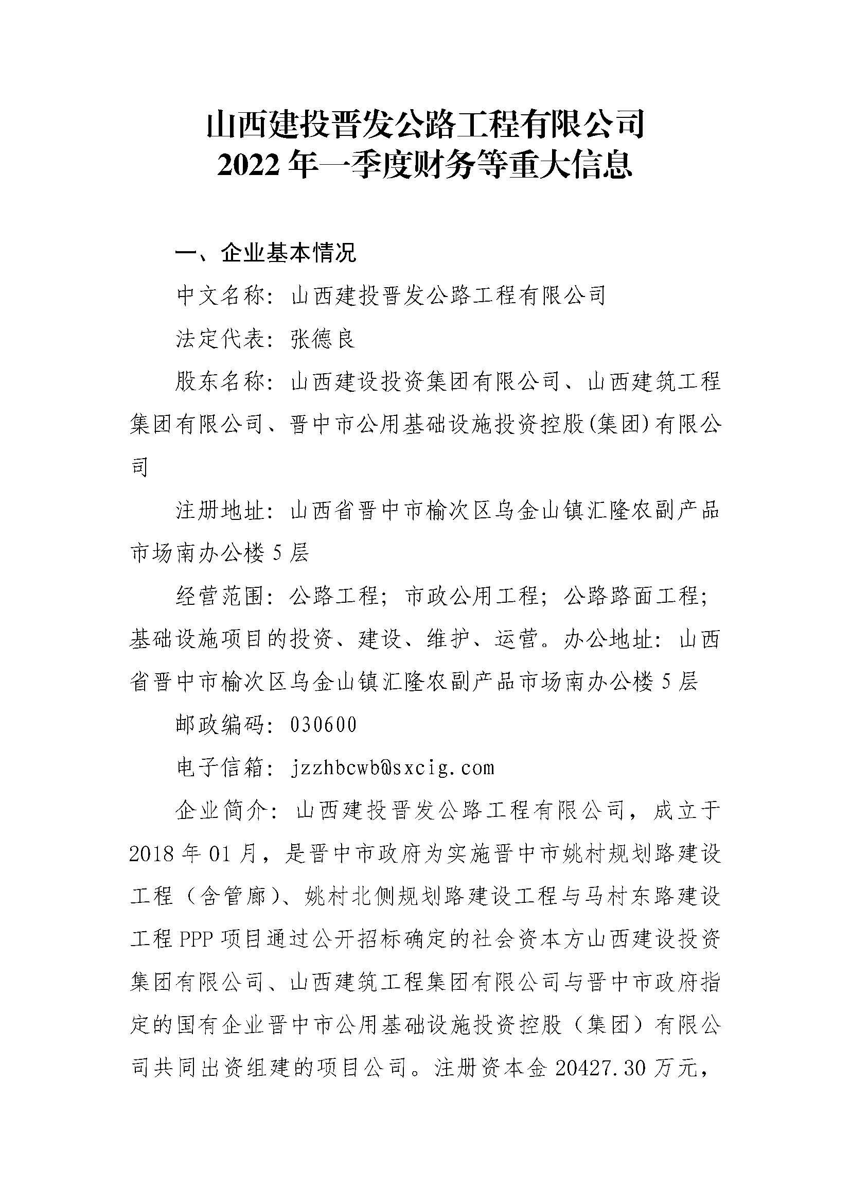 ɽ����Ͷ������·�������޹�˾2022��һ���Ȳ�����ش���Ϣ