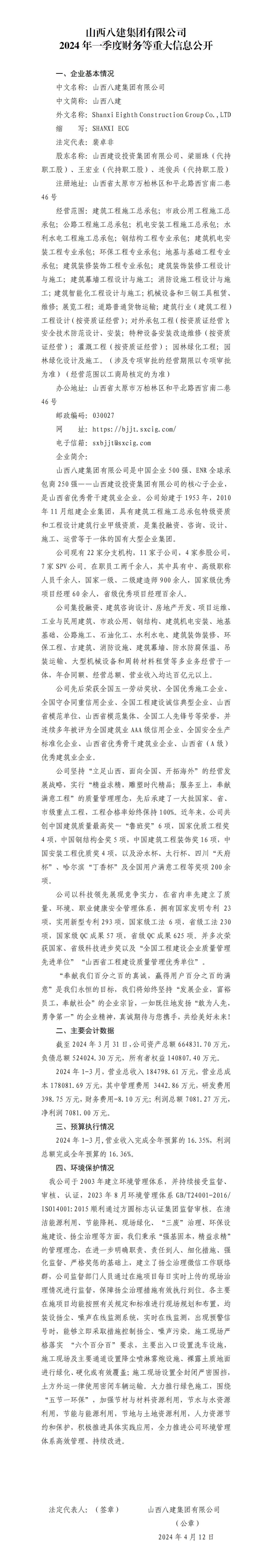 ɽ���˽��������޹�˾2024��һ���Ȳ�����ش���Ϣ����